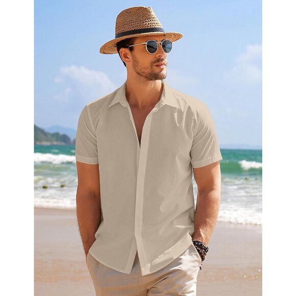 Coofandy Mens Gray Short Sleeve Casual Button Down Shirts Summer Dress Shirts - Picture 2 of 4